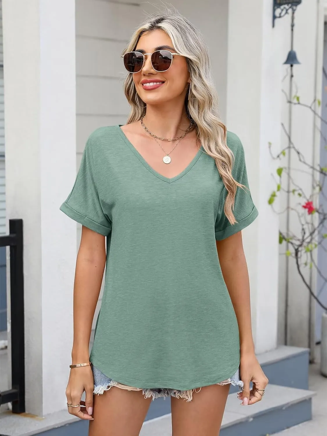 Women V Neck Rolled Sleeve Tops Summer Curved Hem Short Sleeve T Shirts Loose Fit Tees 2025