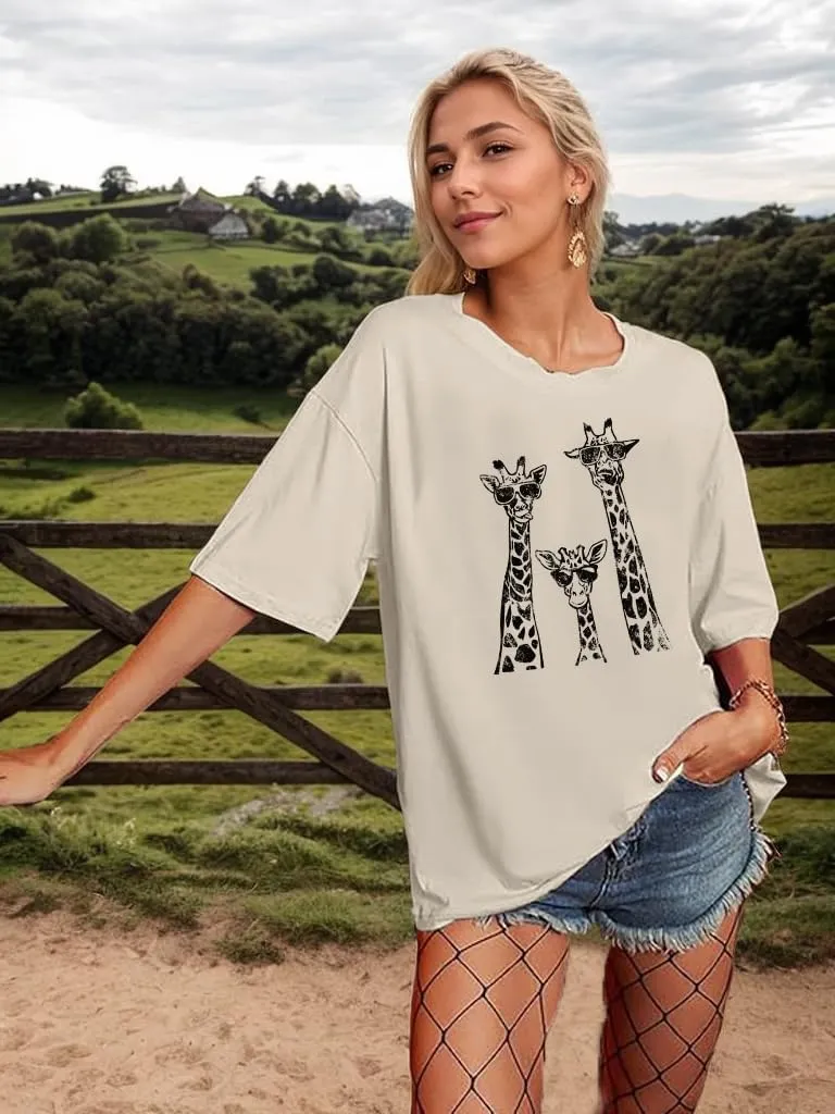 Womens Animal Print Tops Tiger Giraffe Printed Oversized T-Shirts for Women Fall Outfits for Women 2024