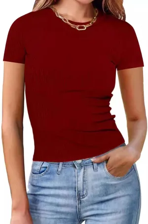 Womens Basic Teen Tees Summer Tops for Women 2024 Workout Crewneck Short Sleeve Slim Fitted Casual Crop T Shirts