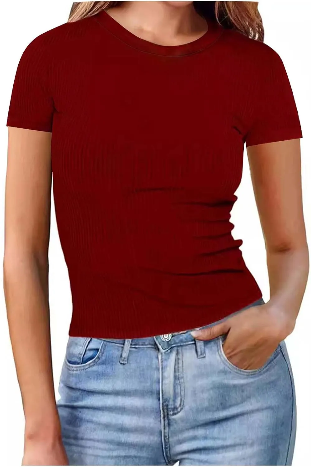 Womens Basic Teen Tees Summer Tops for Women 2024 Workout Crewneck Short Sleeve Slim Fitted Casual Crop T Shirts