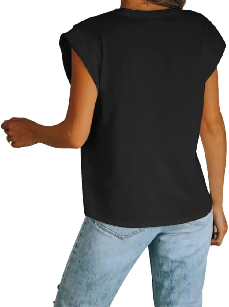 Women's Cap Sleeve Tank Top Crew Neck T Shirts Loose Fit Basic Summer Casual Tee Tops