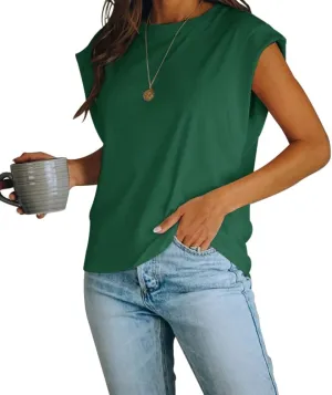 Women's Cap Sleeve Tank Top Crew Neck T Shirts Loose Fit Basic Summer Casual Tee Tops