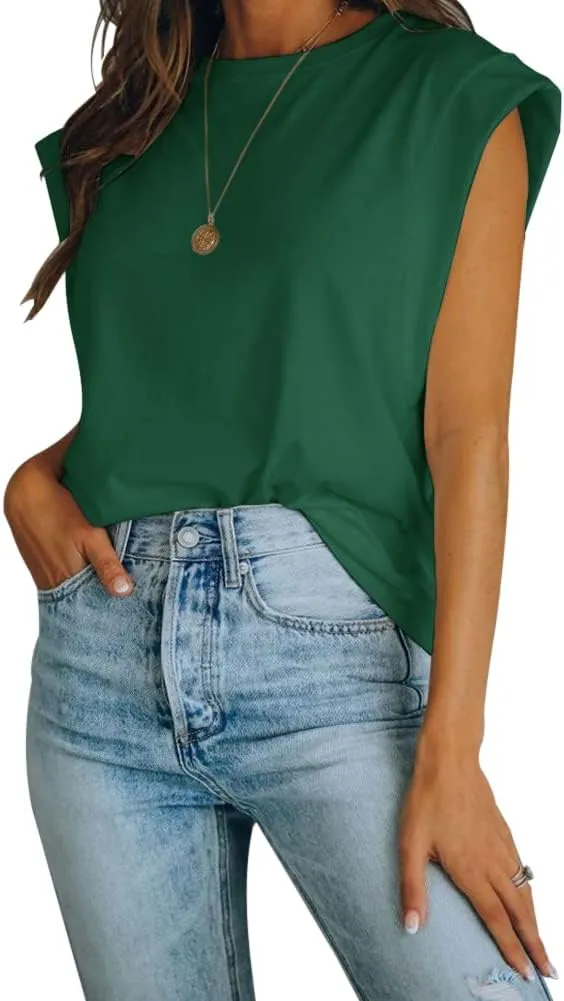 Women's Cap Sleeve Tank Top Crew Neck T Shirts Loose Fit Basic Summer Casual Tee Tops