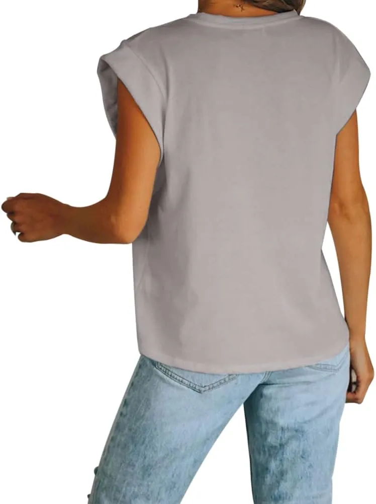 Women's Cap Sleeve Tank Top Crew Neck T Shirts Loose Fit Basic Summer Casual Tee Tops