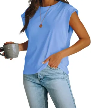 Women's Cap Sleeve Tank Top Crew Neck T Shirts Loose Fit Basic Summer Casual Tee Tops