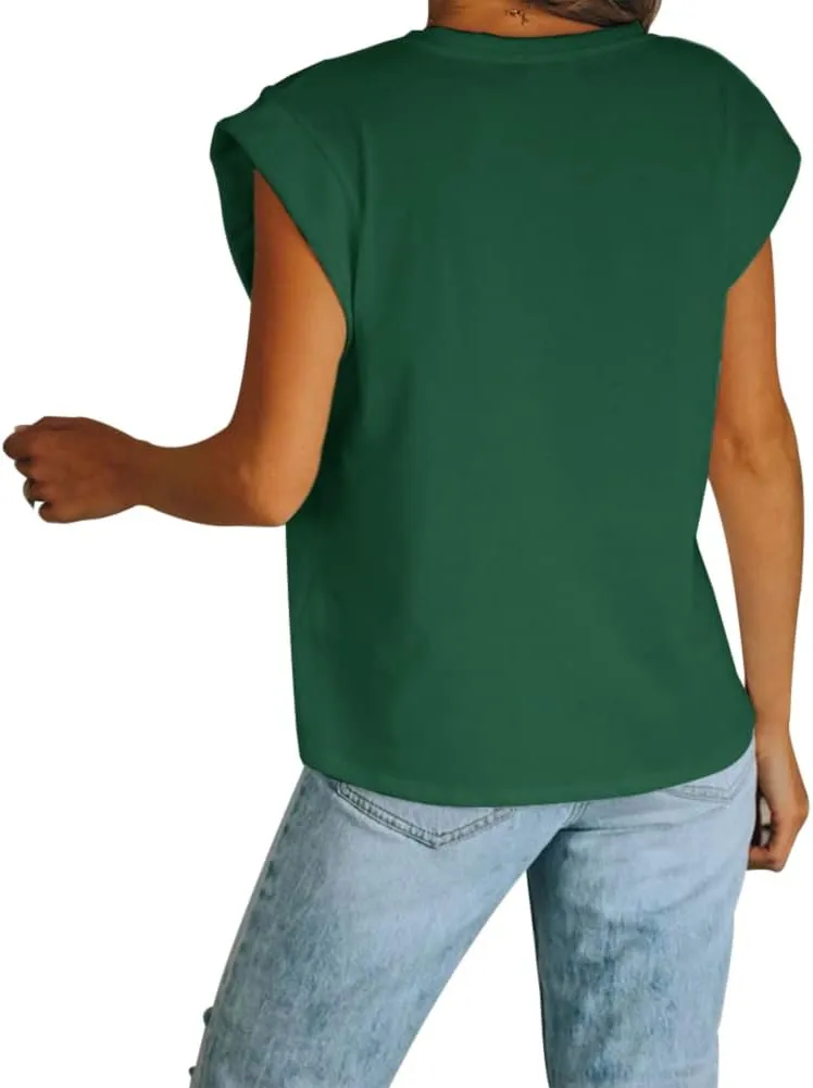 Women's Cap Sleeve Tank Top Crew Neck T Shirts Loose Fit Basic Summer Casual Tee Tops
