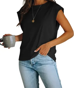 Women's Cap Sleeve Tank Top Crew Neck T Shirts Loose Fit Basic Summer Casual Tee Tops