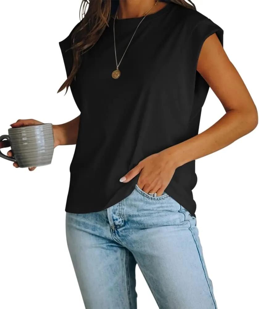Women's Cap Sleeve Tank Top Crew Neck T Shirts Loose Fit Basic Summer Casual Tee Tops