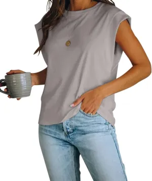Women's Cap Sleeve Tank Top Crew Neck T Shirts Loose Fit Basic Summer Casual Tee Tops