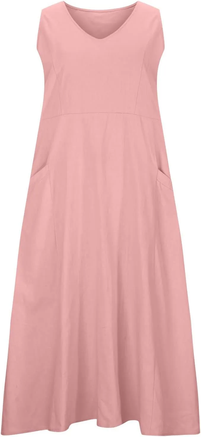 Women's Casual Dresses Trendy 2024 Cotton Linen Sleeveless Midi Tank Dresses Maxi T-Shirts Sundresses with Pockets