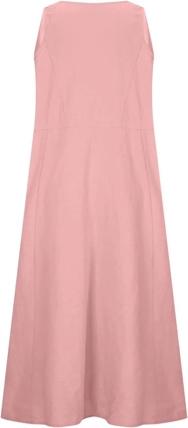 Women's Casual Dresses Trendy 2024 Cotton Linen Sleeveless Midi Tank Dresses Maxi T-Shirts Sundresses with Pockets