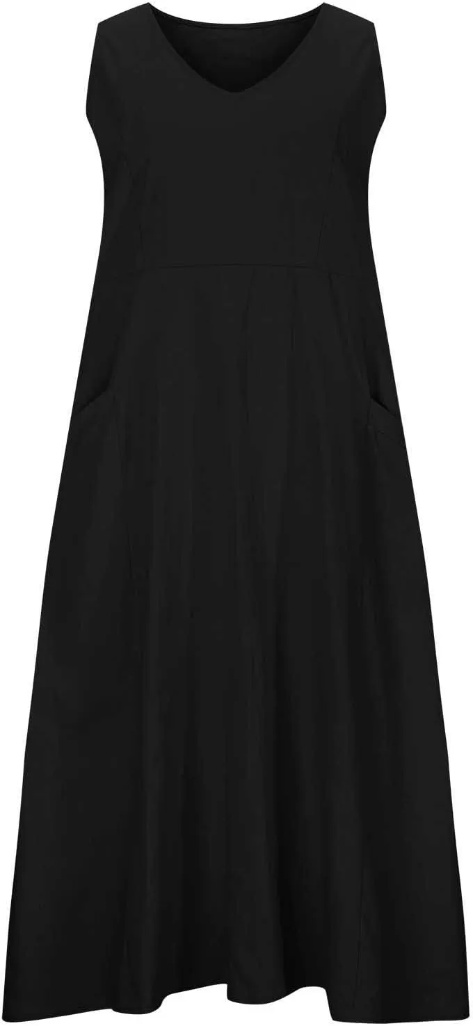 Women's Casual Dresses Trendy 2024 Cotton Linen Sleeveless Midi Tank Dresses Maxi T-Shirts Sundresses with Pockets