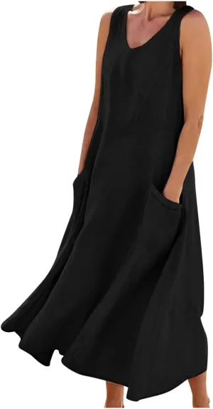 Women's Casual Dresses Trendy 2024 Cotton Linen Sleeveless Midi Tank Dresses Maxi T-Shirts Sundresses with Pockets