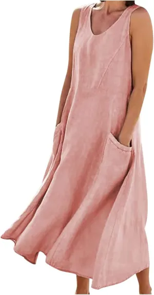 Women's Casual Dresses Trendy 2024 Cotton Linen Sleeveless Midi Tank Dresses Maxi T-Shirts Sundresses with Pockets