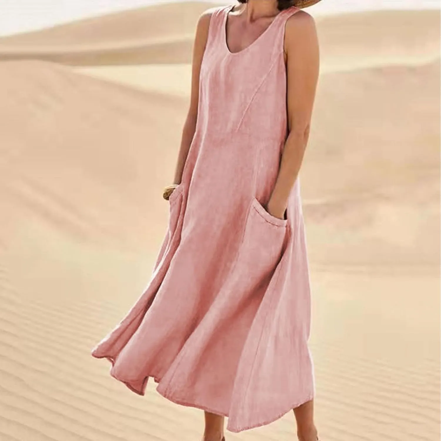 Women's Casual Dresses Trendy 2024 Cotton Linen Sleeveless Midi Tank Dresses Maxi T-Shirts Sundresses with Pockets