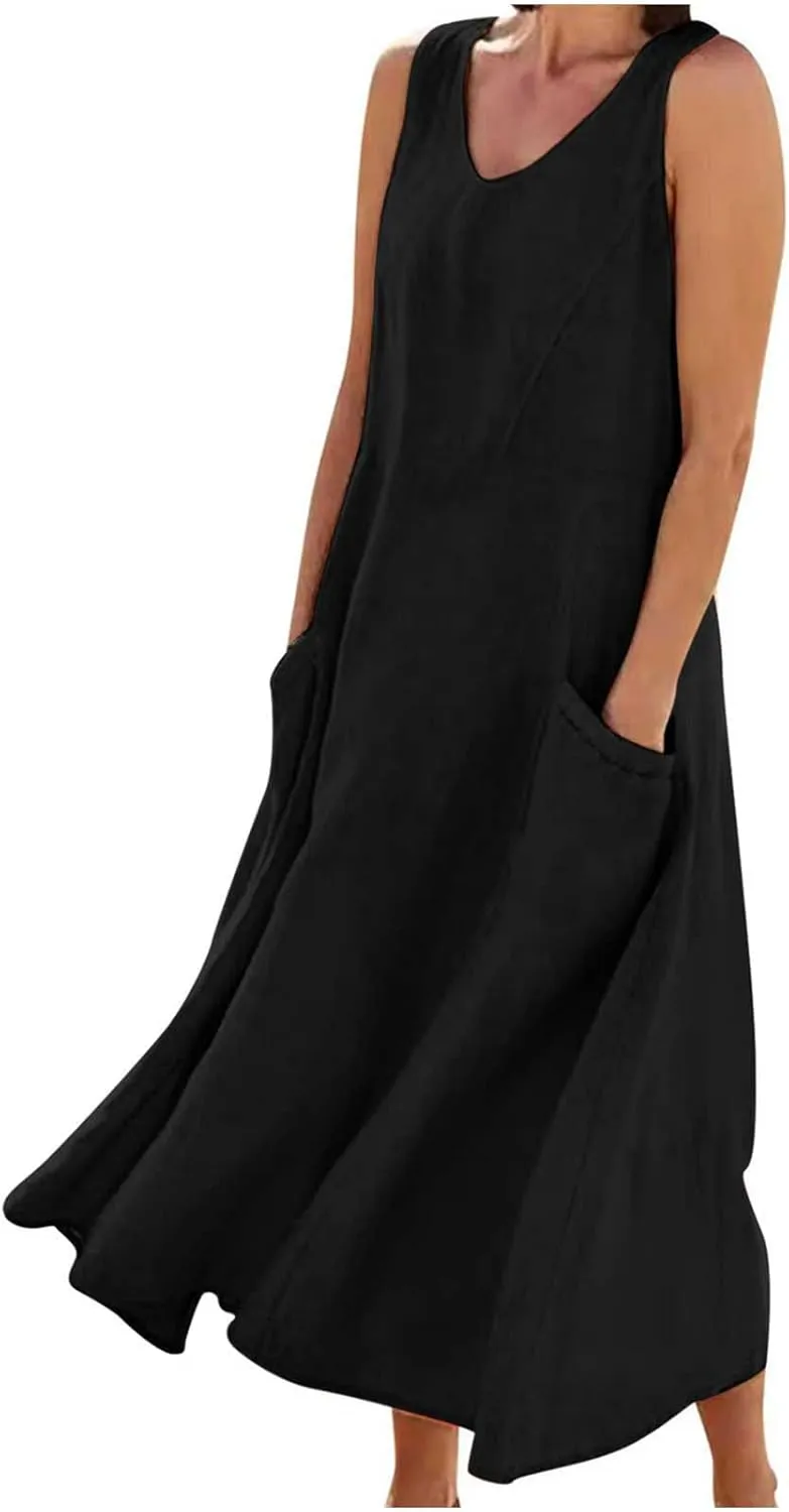 Women's Casual Dresses Trendy 2024 Cotton Linen Sleeveless Midi Tank Dresses Maxi T-Shirts Sundresses with Pockets
