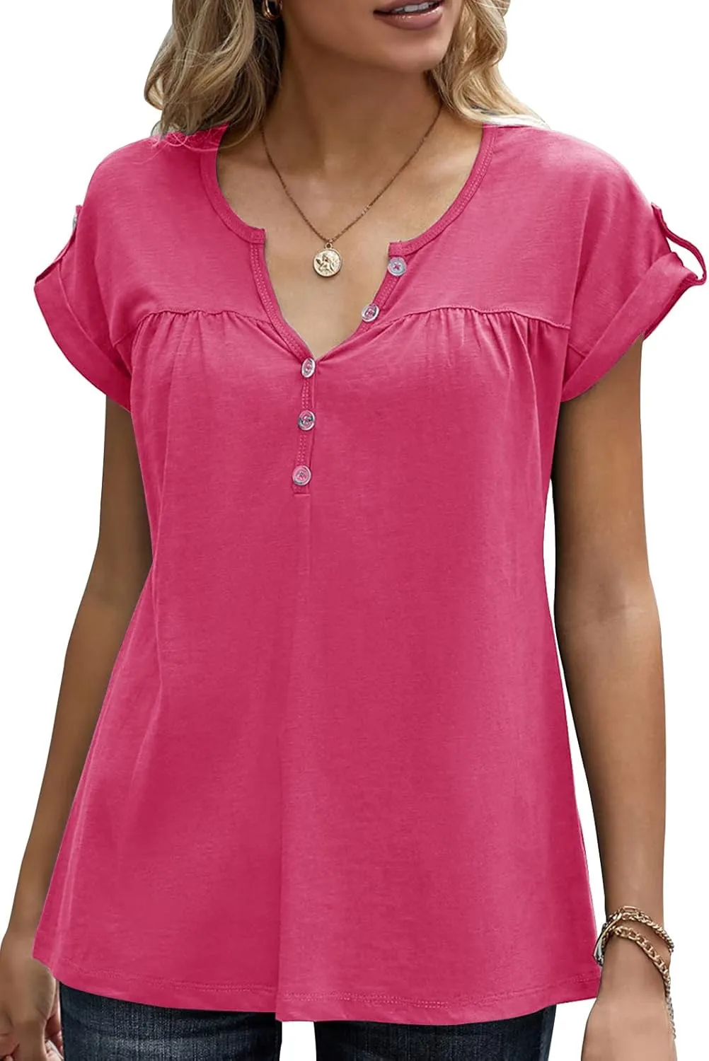 Women's Casual Short Sleeve T-Shirts V Neck Button Up Tunic Tops Summer Rolled Sleeve Henley Shirt