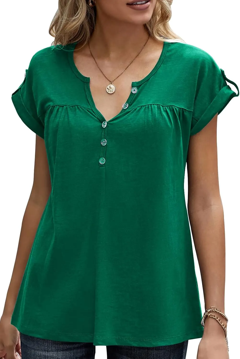Women's Casual Short Sleeve T-Shirts V Neck Button Up Tunic Tops Summer Rolled Sleeve Henley Shirt