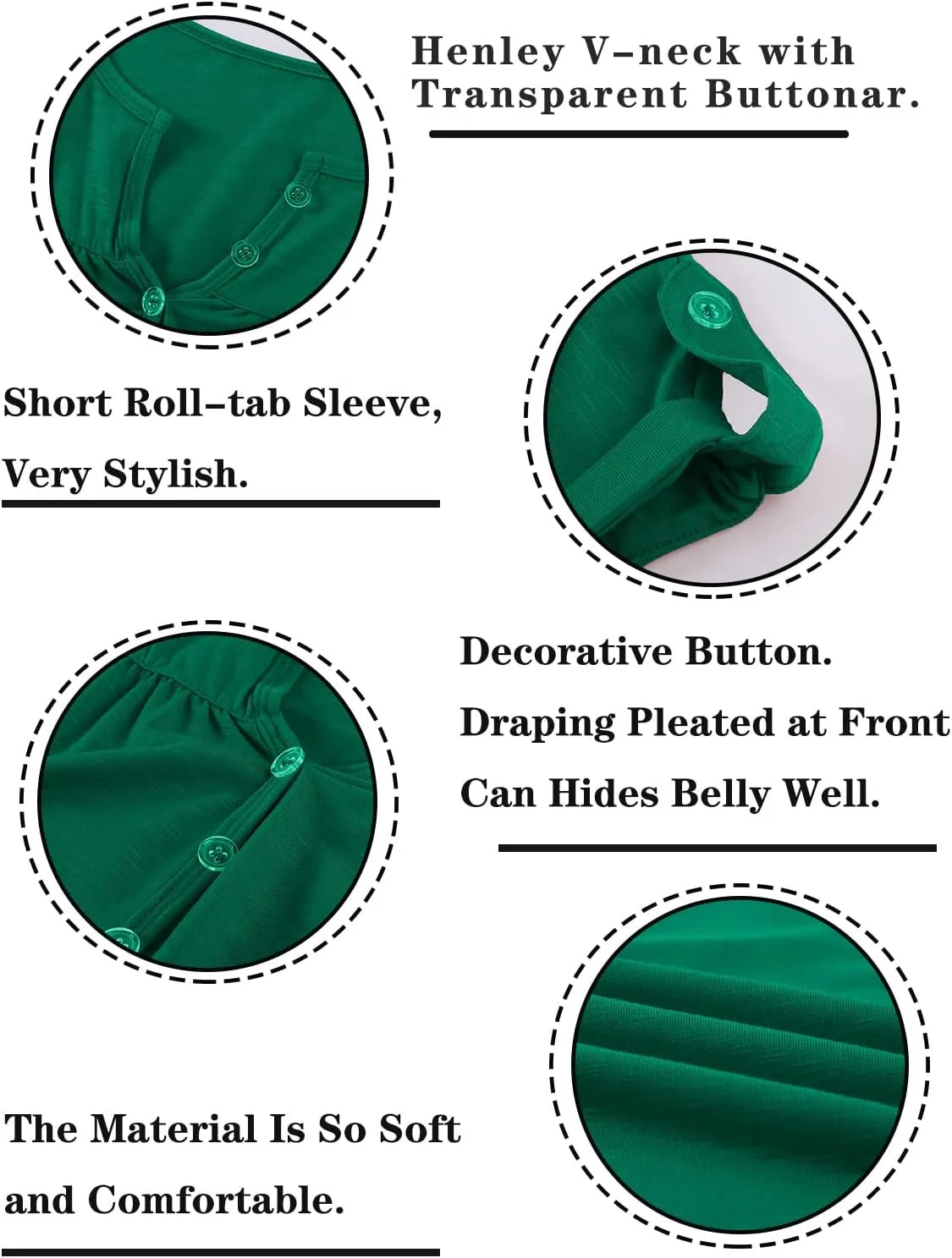 Women's Casual Short Sleeve T-Shirts V Neck Button Up Tunic Tops Summer Rolled Sleeve Henley Shirt