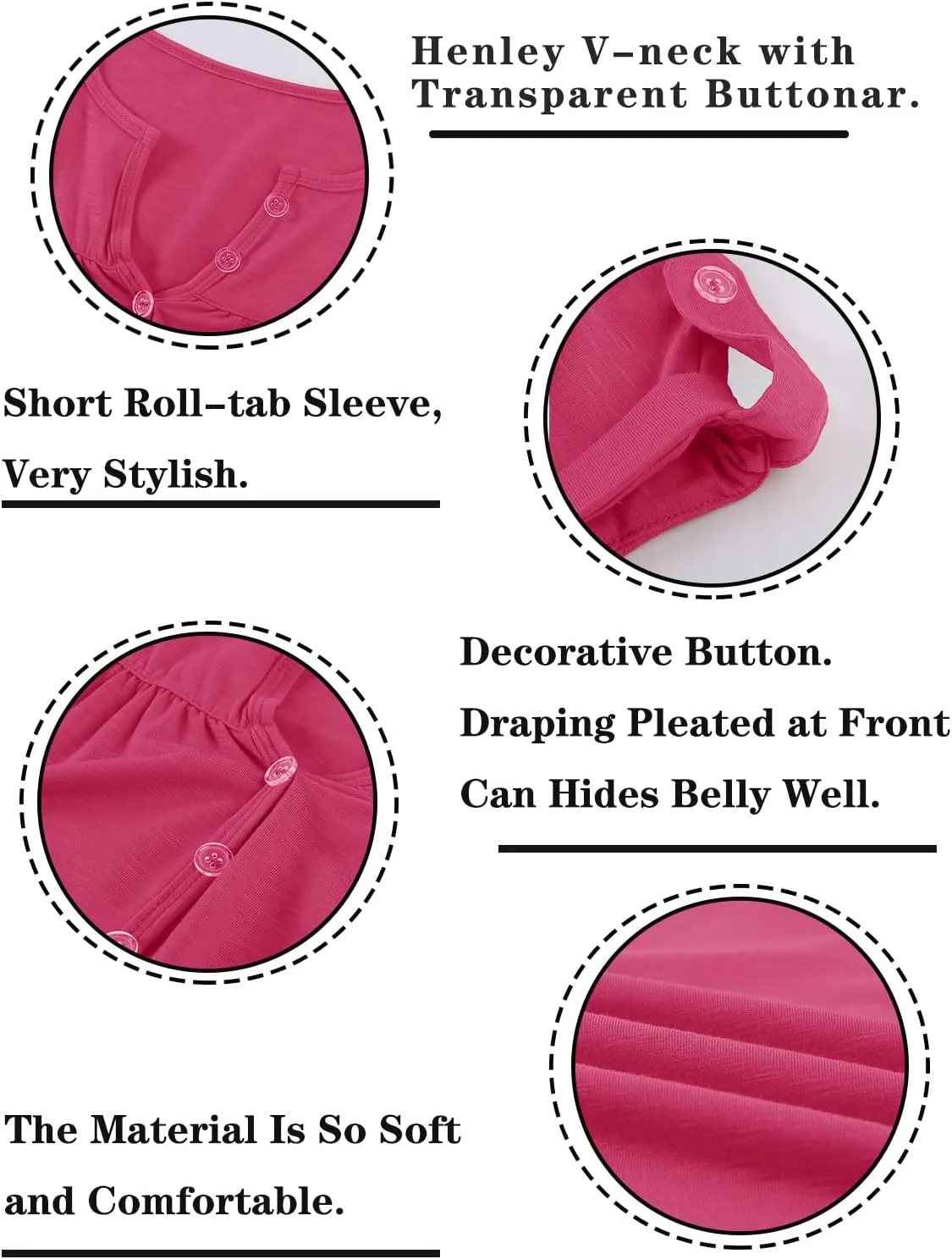 Women's Casual Short Sleeve T-Shirts V Neck Button Up Tunic Tops Summer Rolled Sleeve Henley Shirt