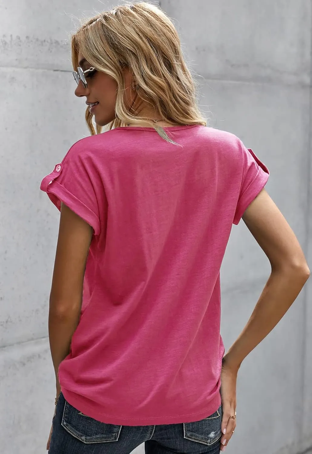 Women's Casual Short Sleeve T-Shirts V Neck Button Up Tunic Tops Summer Rolled Sleeve Henley Shirt