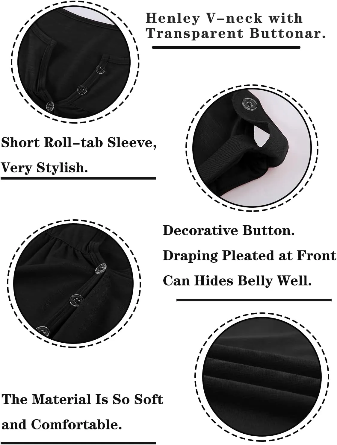 Women's Casual Short Sleeve T-Shirts V Neck Button Up Tunic Tops Summer Rolled Sleeve Henley Shirt