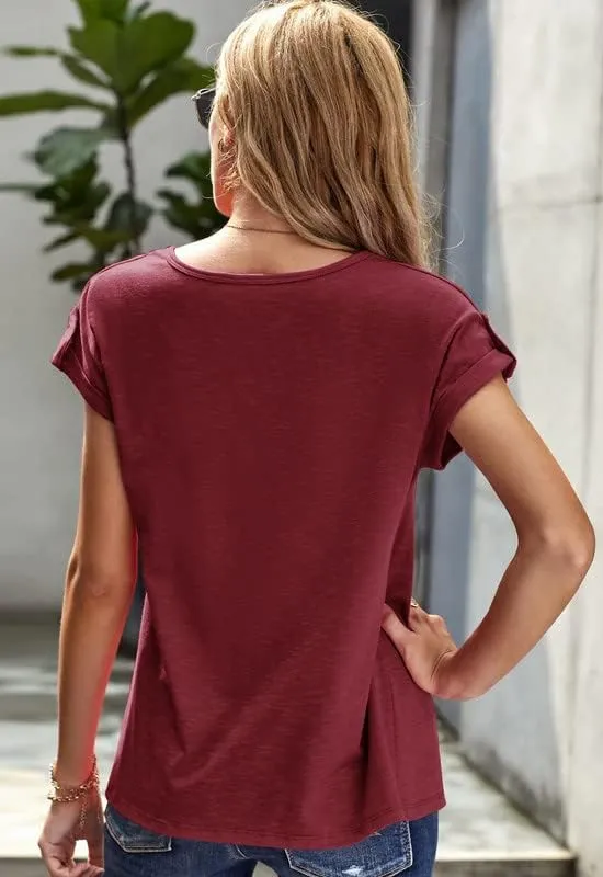 Women's Casual Short Sleeve T-Shirts V Neck Button Up Tunic Tops Summer Rolled Sleeve Henley Shirt