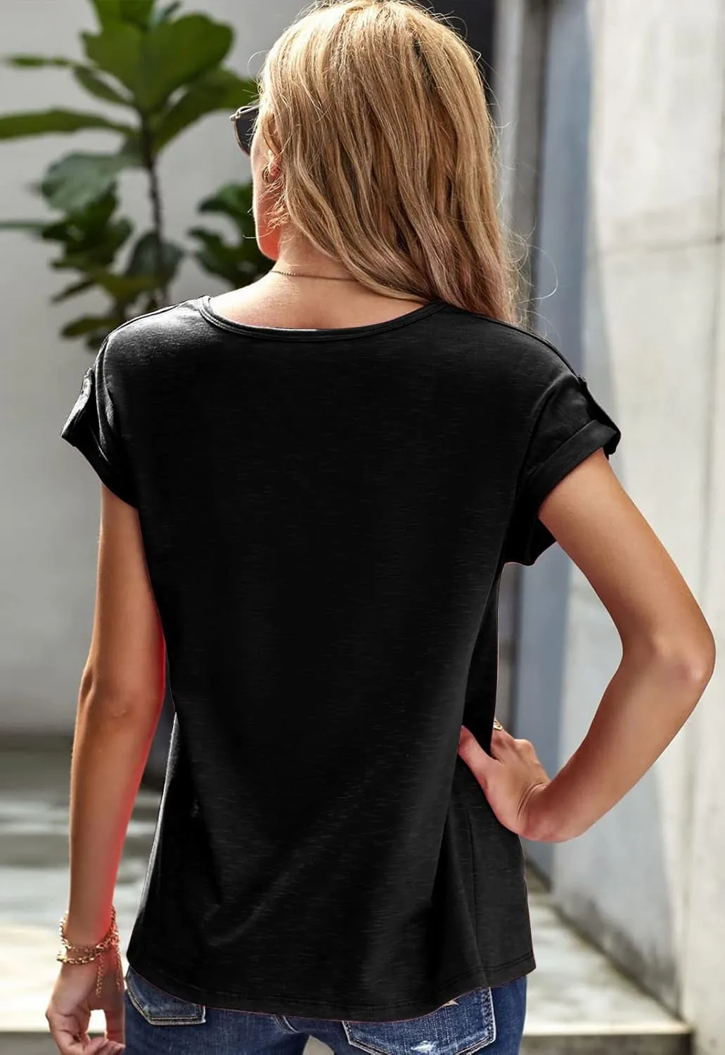 Women's Casual Short Sleeve T-Shirts V Neck Button Up Tunic Tops Summer Rolled Sleeve Henley Shirt