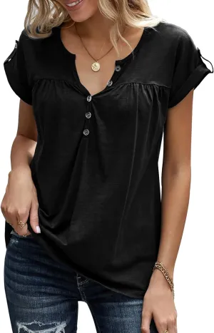 Women's Casual Short Sleeve T-Shirts V Neck Button Up Tunic Tops Summer Rolled Sleeve Henley Shirt