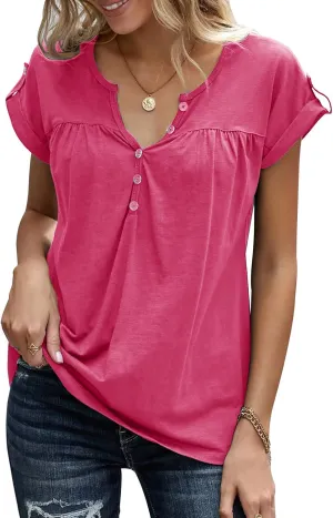 Women's Casual Short Sleeve T-Shirts V Neck Button Up Tunic Tops Summer Rolled Sleeve Henley Shirt