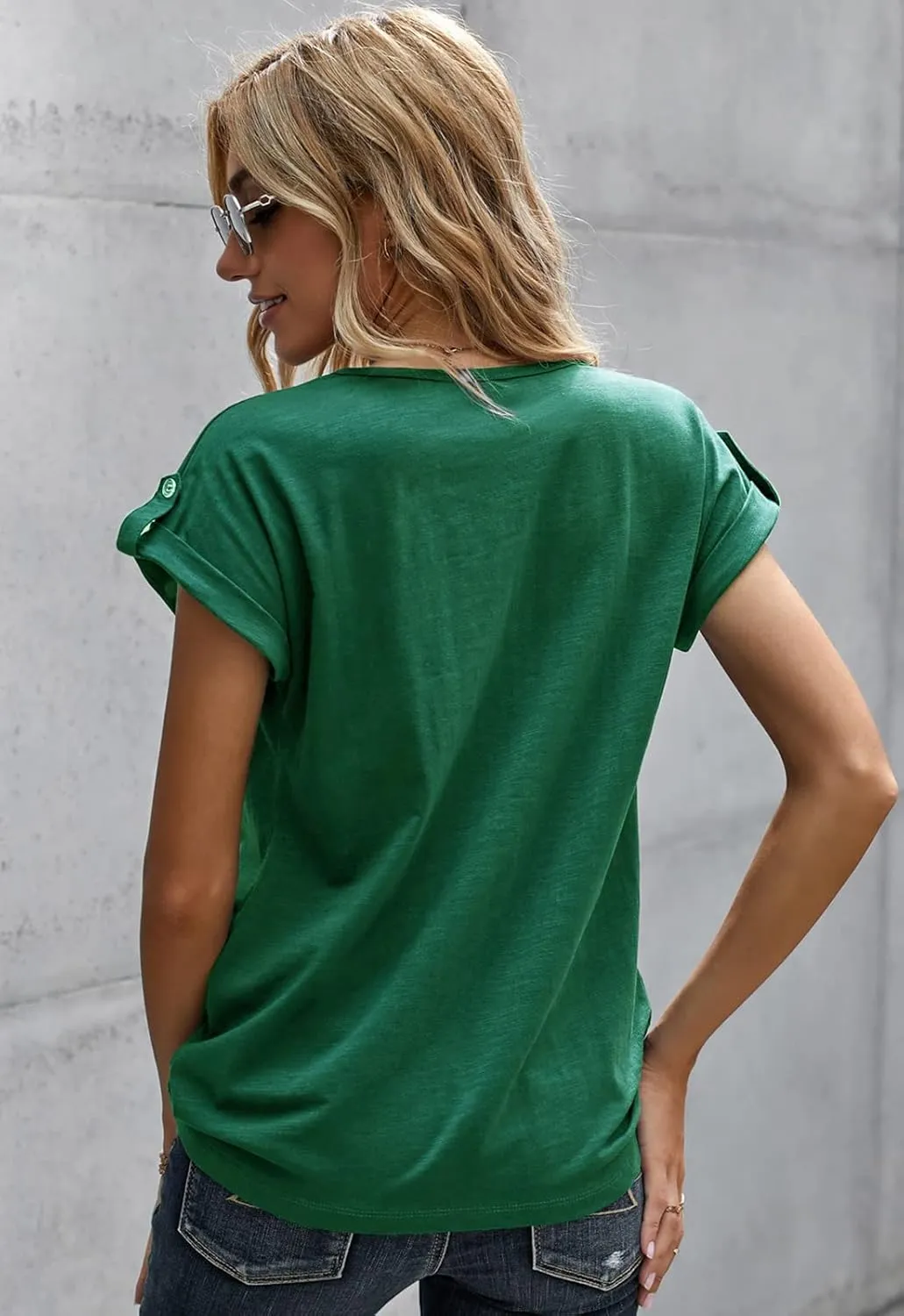 Women's Casual Short Sleeve T-Shirts V Neck Button Up Tunic Tops Summer Rolled Sleeve Henley Shirt
