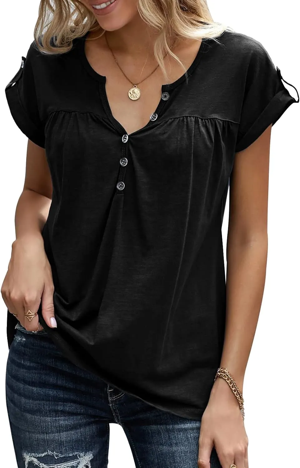 Women's Casual Short Sleeve T-Shirts V Neck Button Up Tunic Tops Summer Rolled Sleeve Henley Shirt