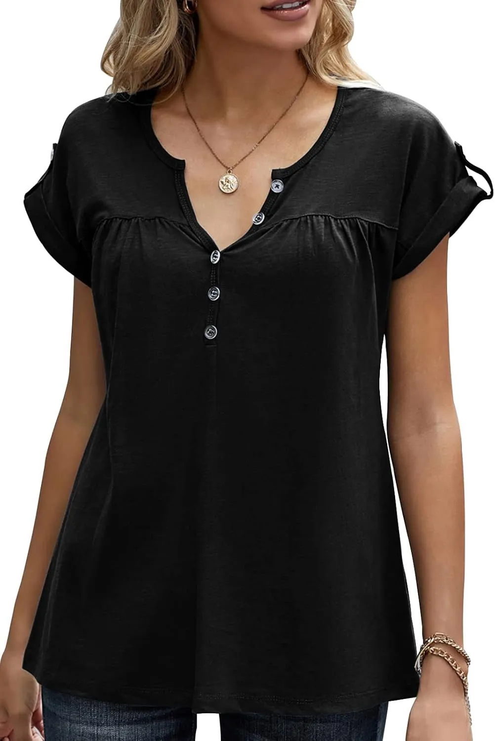 Women's Casual Short Sleeve T-Shirts V Neck Button Up Tunic Tops Summer Rolled Sleeve Henley Shirt