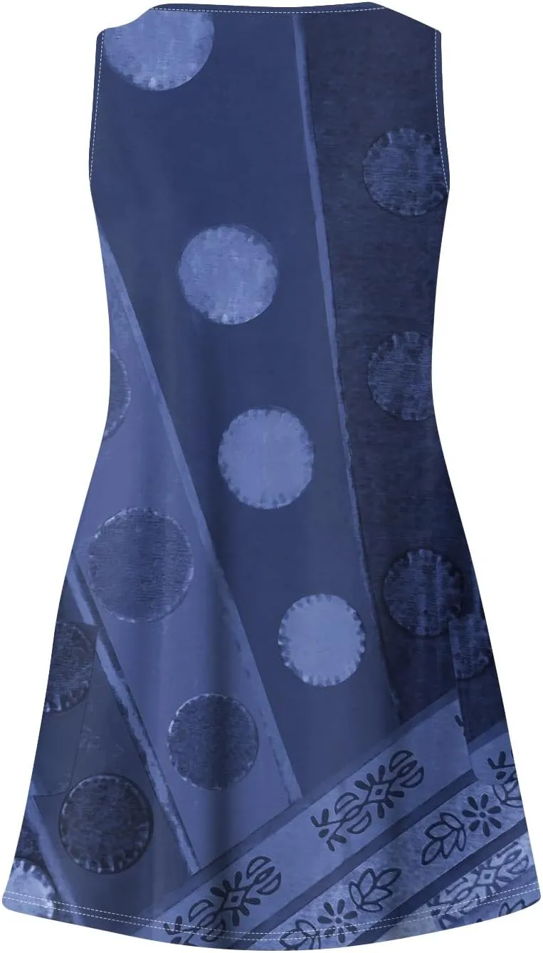 Women's Casual Summer Sundress Sleeveless A-Line Beach Dresses V Neck T-Shirts Dress with Pockets