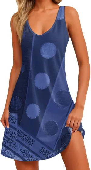 Women's Casual Summer Sundress Sleeveless A-Line Beach Dresses V Neck T-Shirts Dress with Pockets