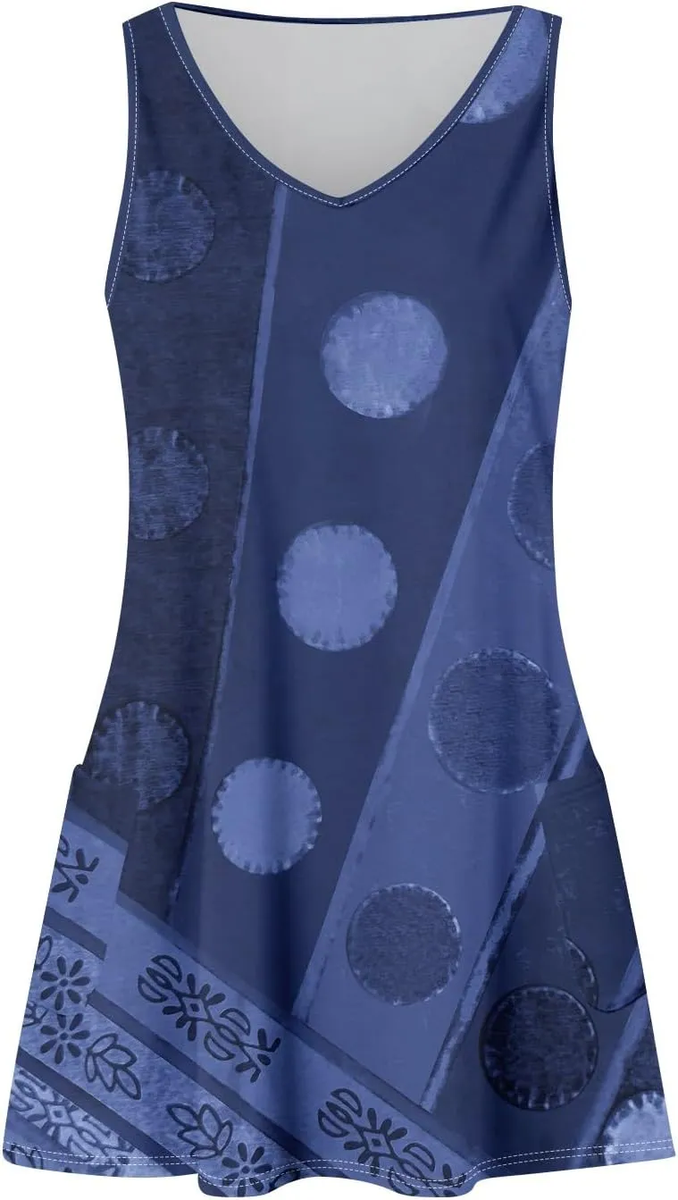 Women's Casual Summer Sundress Sleeveless A-Line Beach Dresses V Neck T-Shirts Dress with Pockets
