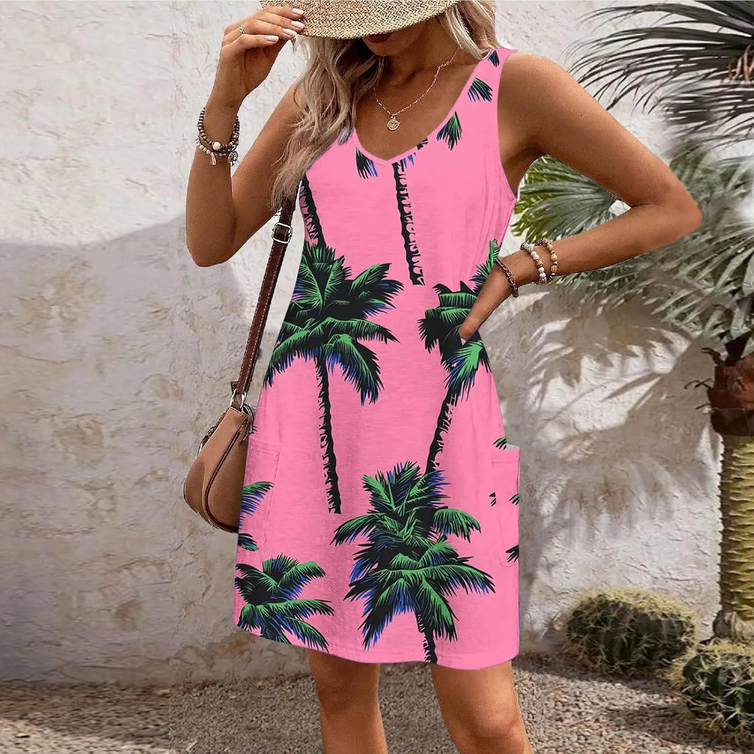 Women's Casual Sundress with Pockets, Summer Tropical Boho Beach Dress, V Neck Loose T-Shirts Tank Dresses