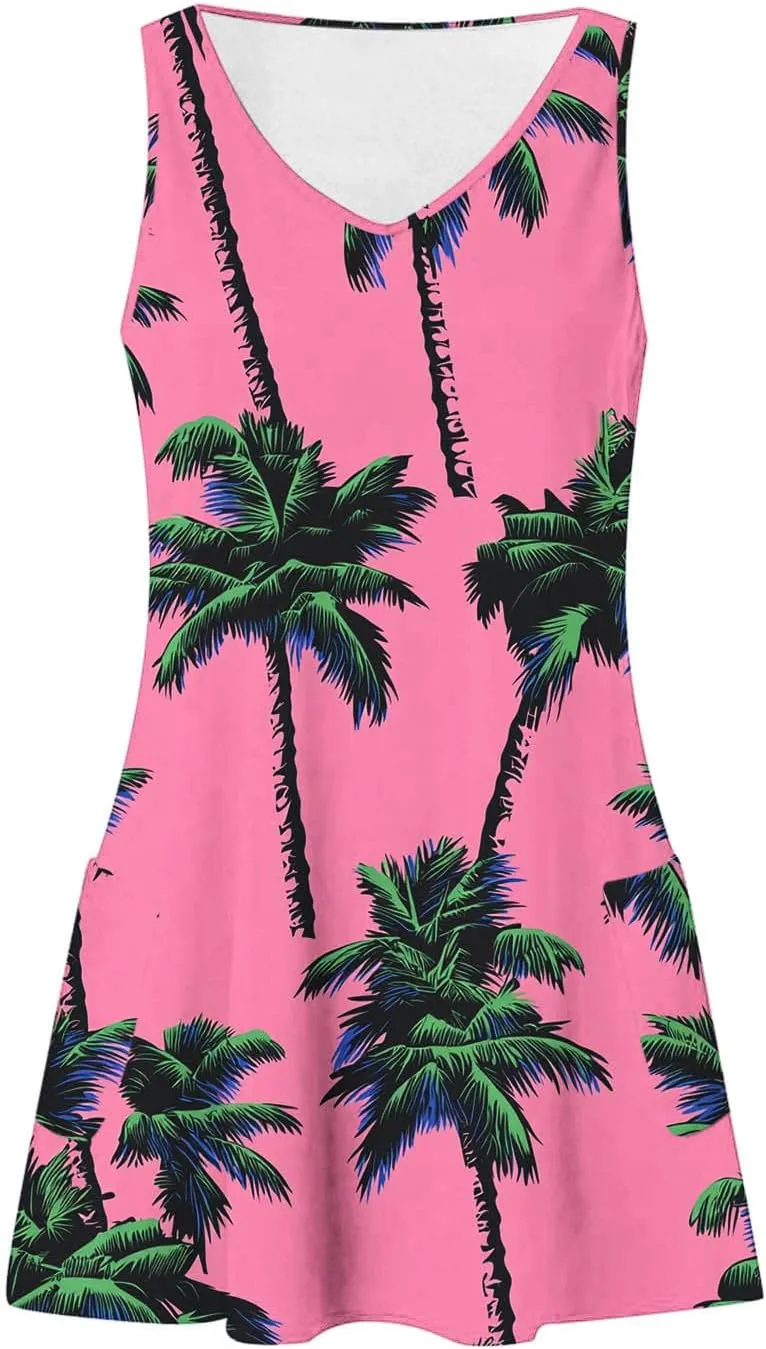 Women's Casual Sundress with Pockets, Summer Tropical Boho Beach Dress, V Neck Loose T-Shirts Tank Dresses