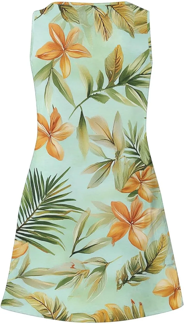 Women's Casual Sundress with Pockets, Summer Tropical Boho Beach Dress, V Neck Loose T-Shirts Tank Dresses