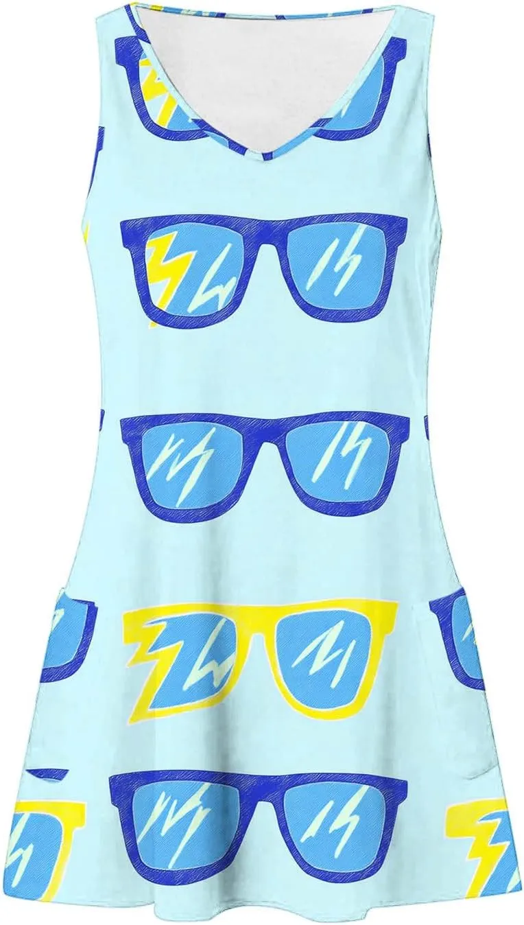 Women's Casual Sundress with Pockets, Summer Tropical Boho Beach Dress, V Neck Loose T-Shirts Tank Dresses