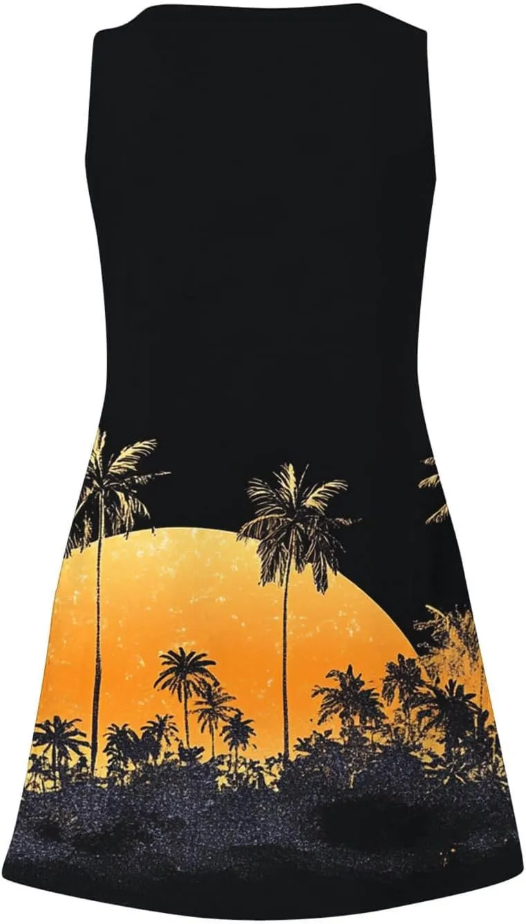Women's Casual Sundress with Pockets, Summer Tropical Boho Beach Dress, V Neck Loose T-Shirts Tank Dresses