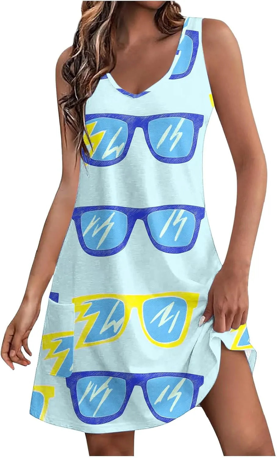 Women's Casual Sundress with Pockets, Summer Tropical Boho Beach Dress, V Neck Loose T-Shirts Tank Dresses