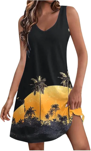 Women's Casual Sundress with Pockets, Summer Tropical Boho Beach Dress, V Neck Loose T-Shirts Tank Dresses