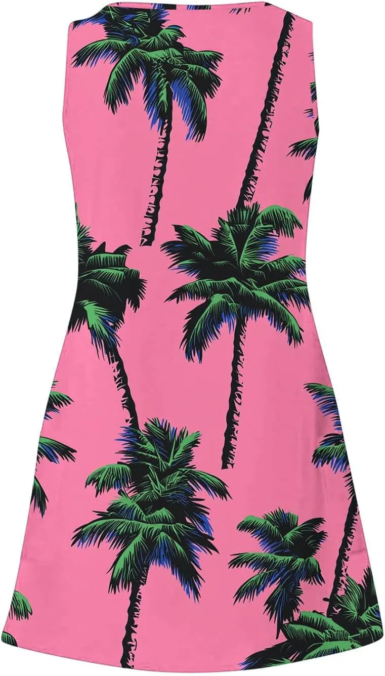 Women's Casual Sundress with Pockets, Summer Tropical Boho Beach Dress, V Neck Loose T-Shirts Tank Dresses