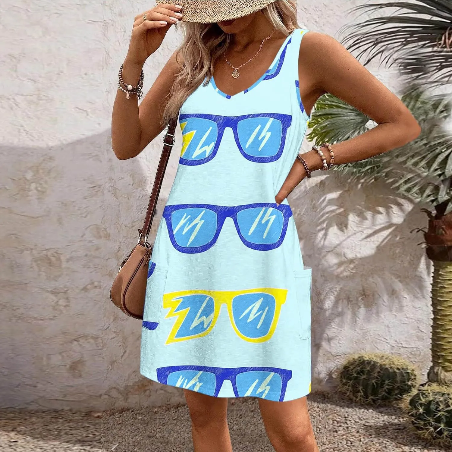 Women's Casual Sundress with Pockets, Summer Tropical Boho Beach Dress, V Neck Loose T-Shirts Tank Dresses