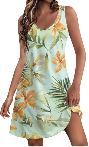 Women's Casual Sundress with Pockets, Summer Tropical Boho Beach Dress, V Neck Loose T-Shirts Tank Dresses