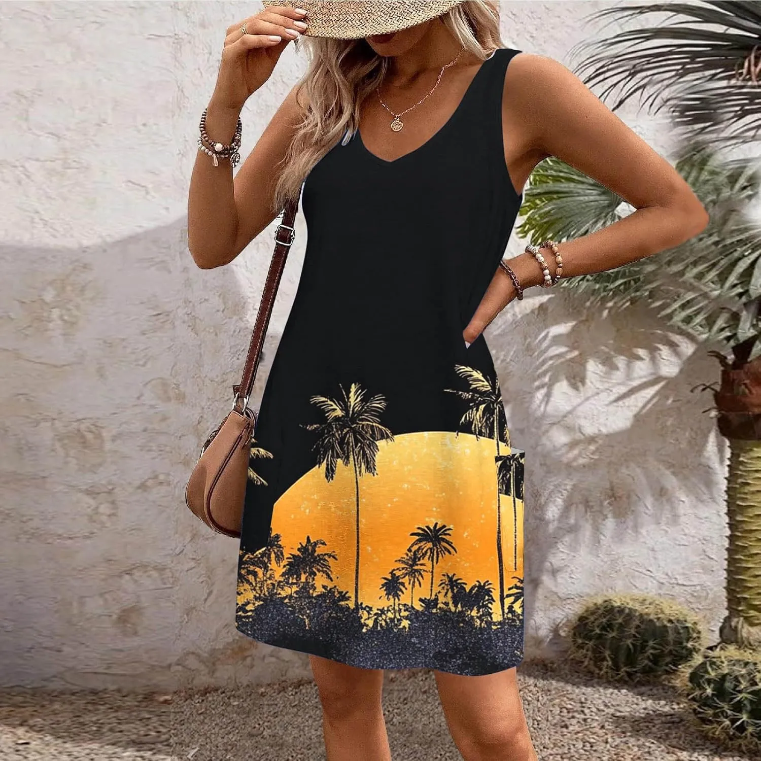 Women's Casual Sundress with Pockets, Summer Tropical Boho Beach Dress, V Neck Loose T-Shirts Tank Dresses