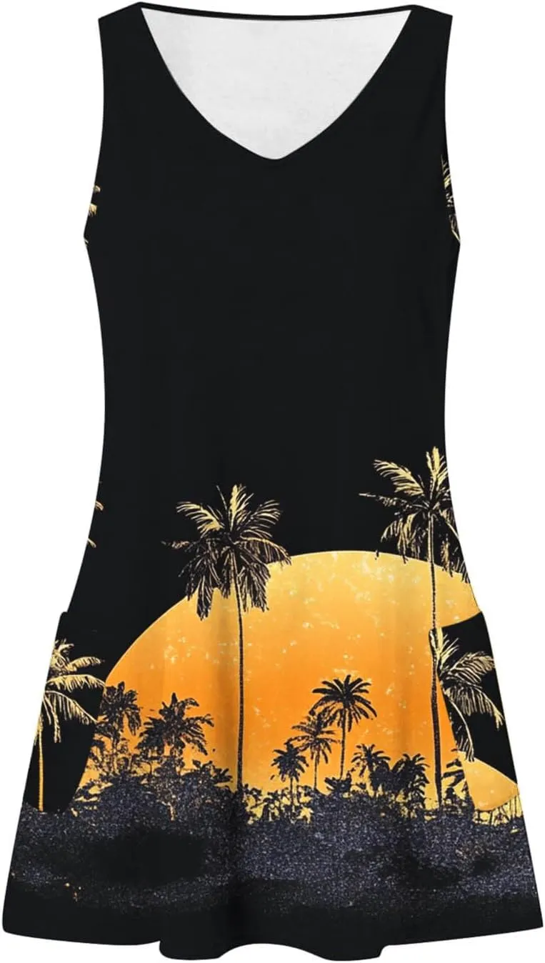 Women's Casual Sundress with Pockets, Summer Tropical Boho Beach Dress, V Neck Loose T-Shirts Tank Dresses