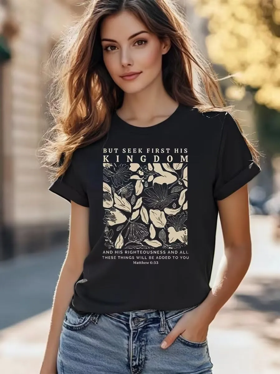 Women's Christian Bible Verse T Shirts Vintage Boho Wildflowers Graphic Short Sleeve Crewneck Floral Religious Tee Tops