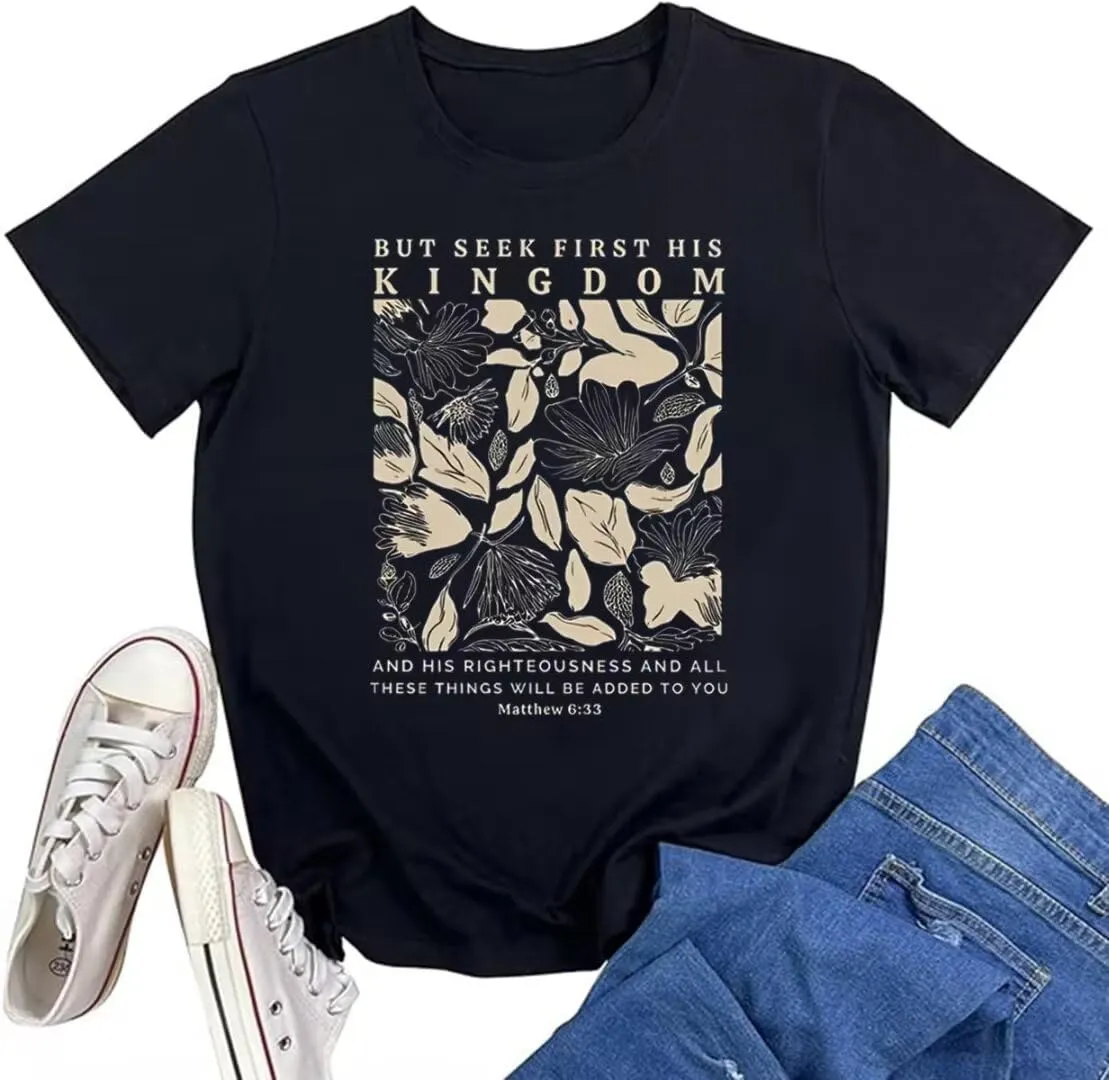Women's Christian Bible Verse T Shirts Vintage Boho Wildflowers Graphic Short Sleeve Crewneck Floral Religious Tee Tops